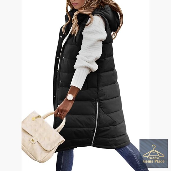 Women's Long Hooded Puffer Vest Sleeveless Quilted Jacket with Pockets